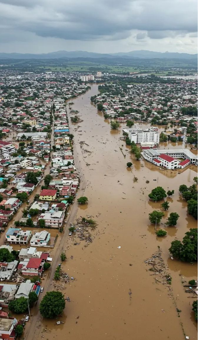Aerial view of flood-affected urban area